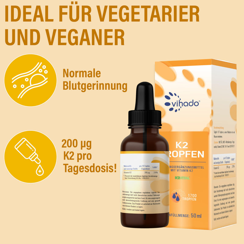 [Australia] - Vihado Vitamin K2 drops high dosage, Premium: MK-7 99.7% All-Trans K2VITAL®, real 200 μg vitamin K2 per daily dose, 50 ml (1700 drops) 