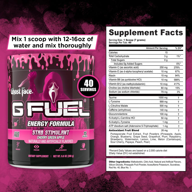 [Australia] - G Fuel Ghost Face Energy Drink Powder, Pre Workout Caffeine Mix for Gaming, Sugar Free Focus Amino, Vitamin + Antioxidants, 9.9oz (Cherry Green Apple, 40 Servings) Cherry Green Apple 