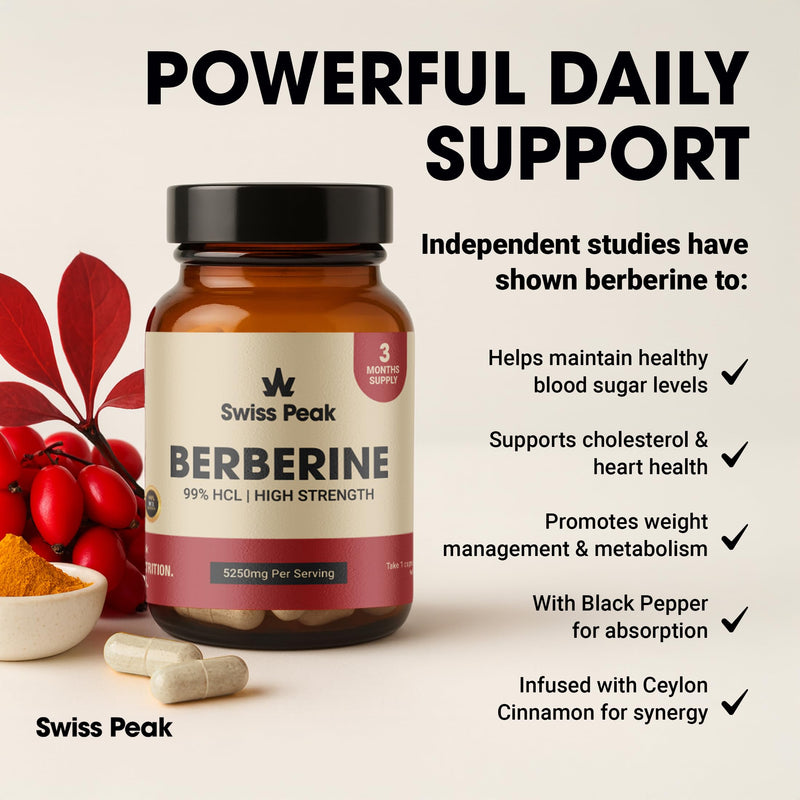 Swiss Peak Berberine 5250mg Per Serving, High Strength 99% HCL, Enhanced with Ceylon Cinnamon & Black Pepper Extract, 90 Vegan Capsules, 3 Month Supply, UK Made, Non-GMO, Gluten Free