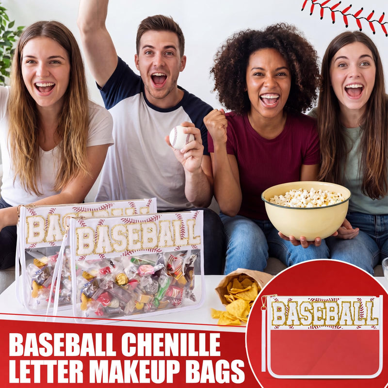 6 Pcs Baseball Gifts White Chenille Letter Makeup Bags Nylon Clear Cosmetic Bags Toiletry Zipper Pouch Travel Purse for Sports Women Party Holiday Favor 6