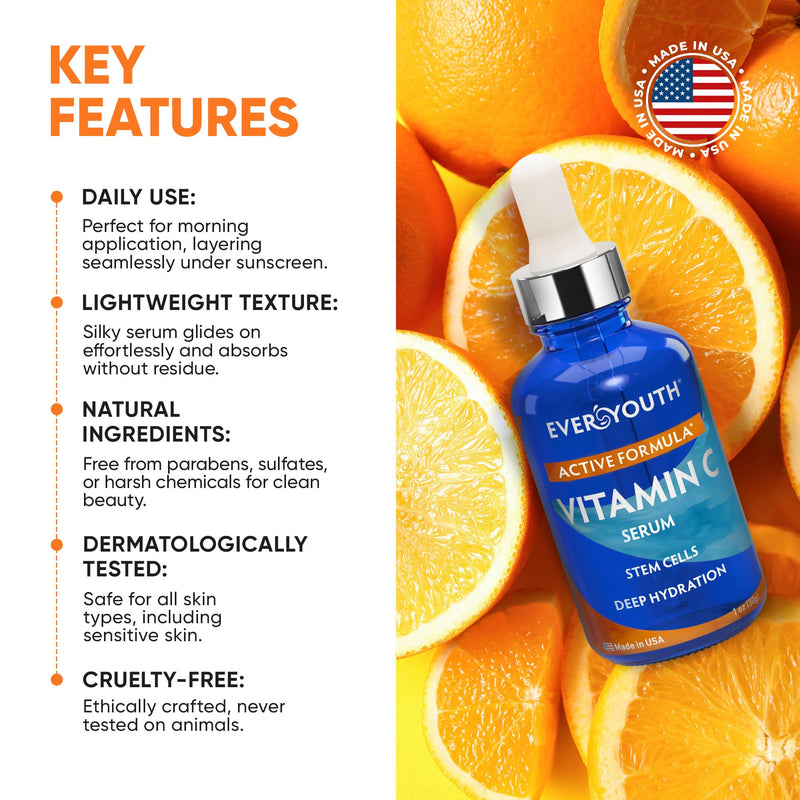 Vitamin C Serum for Face, Stem Cells, Niacinamide, Hyaluronic Acid & Vitamin E - Anti-Aging Retinol Facial Serum with Glycolic Acid & Retinal for Brightening, Hydrating & Firming Skin - Made in USA 1 Fl Oz (Pack of 1)