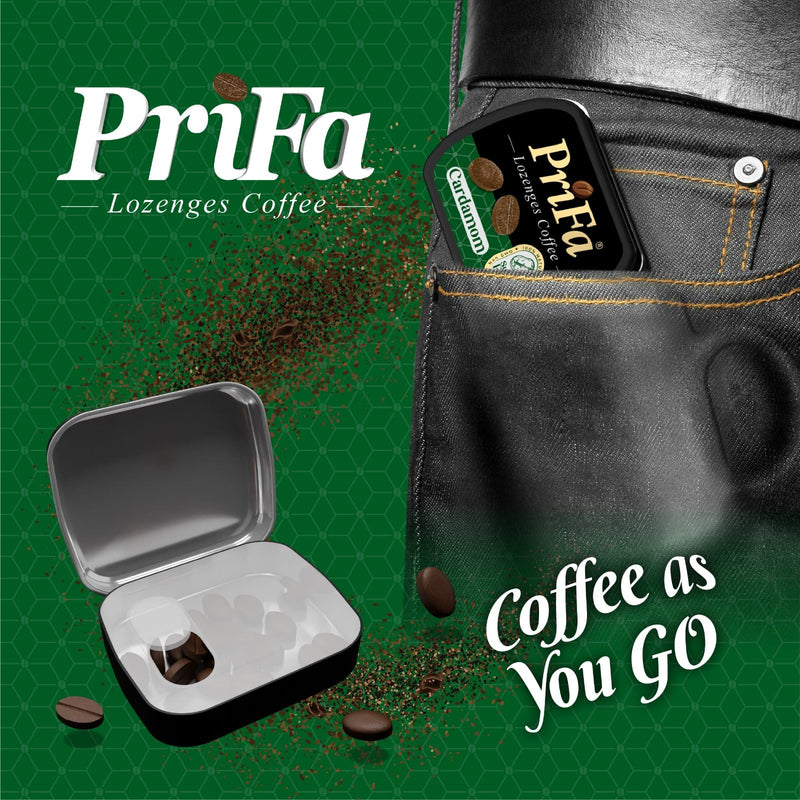 [Australia] - Prifa Cardamom Coffee Tablets- Pocket Coffee, Coffee Candy- Instant solution for Coffee Cravings, No Water Needed- Unsweetened- Keto- Vegetarian- 25 Coffee Bean-Shaped Tablets in Pocket-Sized Tin 