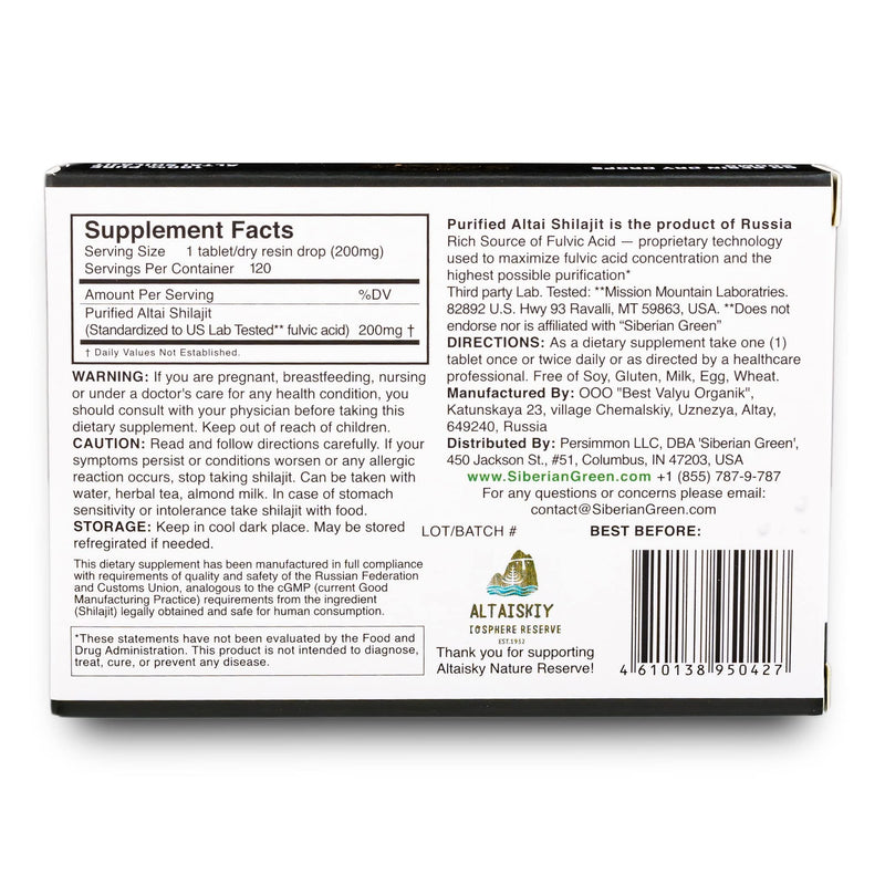 Premium Pure Shilajit Dry Drops by Siberian Green Altai Golden Mountains - 120 Count (200 mg) Food Supplement Fulvic Acid Caffeine 120 count (Pack of 1)