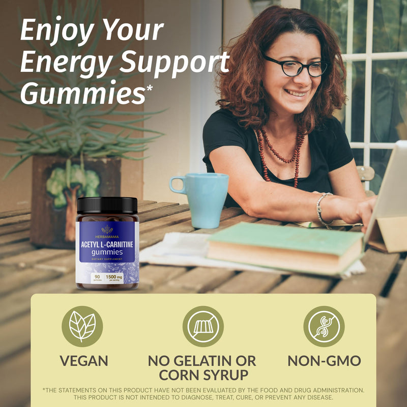 [Australia] - HERBAMAMA ALCAR Acetyl L-Carnitine 1500mg Gummies - L Carnitine Supplement for Energy, Focus & Brain Support - Vegan, Non-GMO - 90 Pectin-Based Blueberry-Flavored Chews 