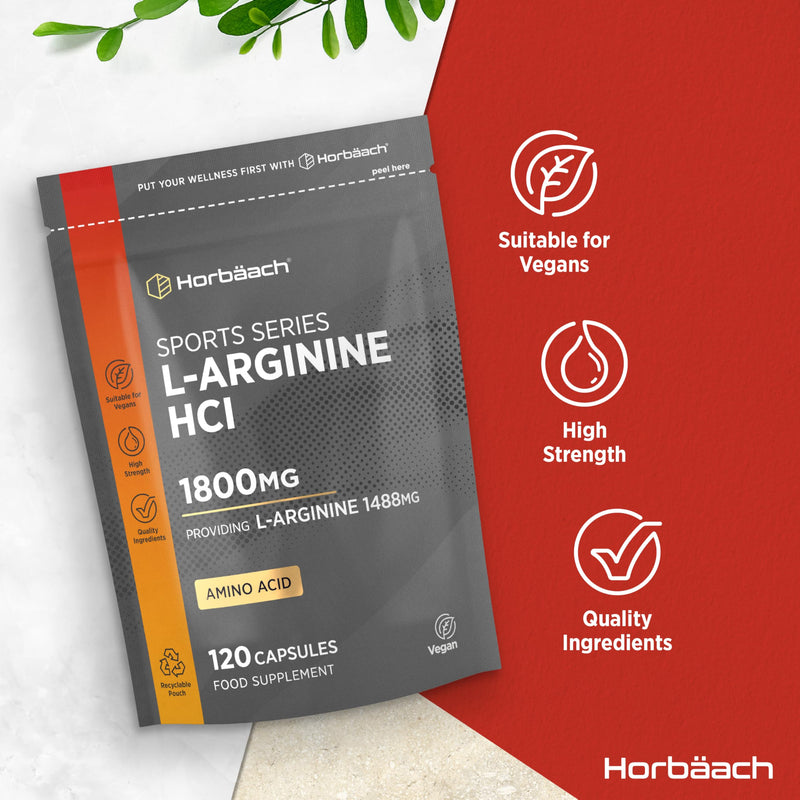 L-Arginine 1800mcg | 120 High Strength Capsules | Amino Acid Supplement for Pre and Post Workout | Keto Diet Friendly | by Horbaach