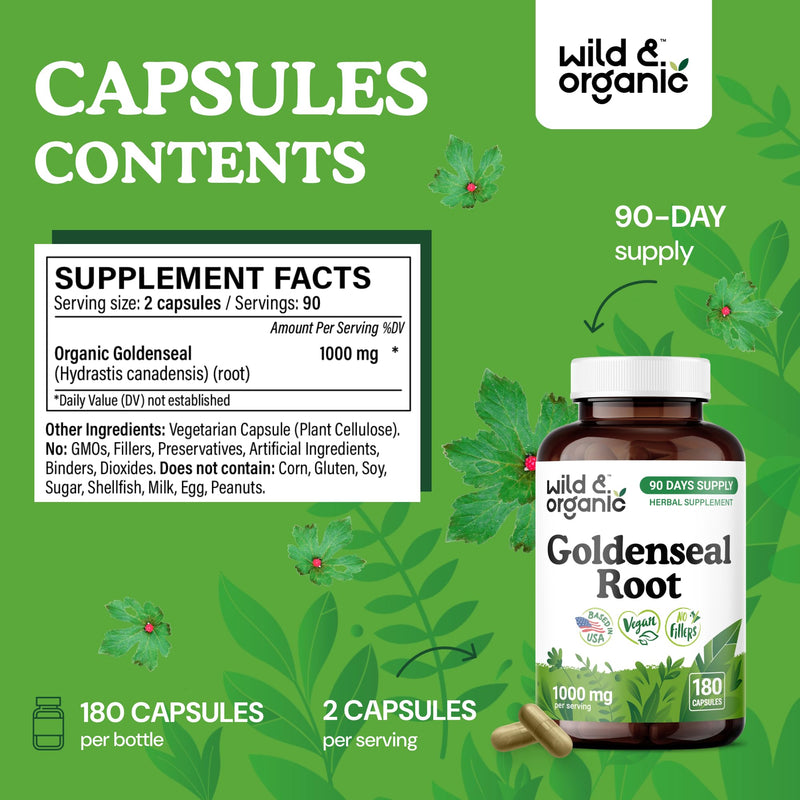 [Australia] - Wild & Organic Goldenseal Root Capsules 1000mg - Immune & Lung Support - 180 Goldenseal Powder Capsules - 90 Days Supply - Vegan, No Fillers, Non-GMO 