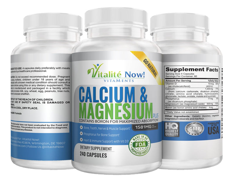 Vitalité Now! Calcium Magnesium Supplement 1000mg with Vitamin D | 10 Forms of Calcium for Maximum Absorption - Bone Strength Support with Boron and Phosphorus - 240 Capsules - 2 Month Supply