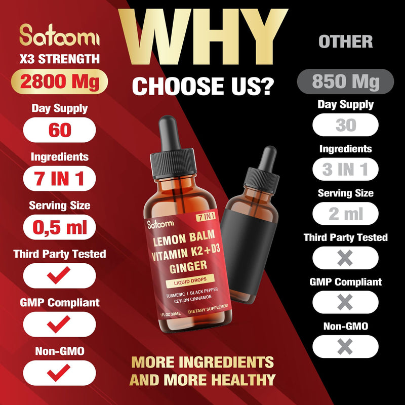 Satoomi 7in1 Lemon Balm Tincture with Vitamin D3, Vitamin K2, Ginger Root, Turmeric, Ceylon Cinnamon and Black Pepper - 1 FL Oz - 60 Day Supply