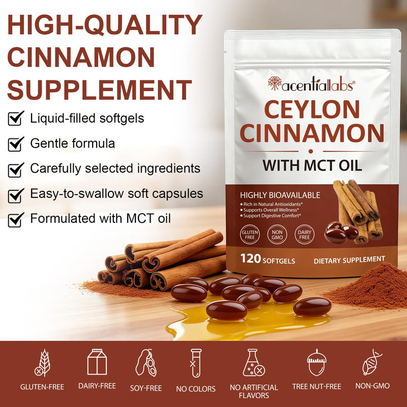 Ceylon Cinnamon Softgels with MCT Oil 600mg | True Cinnamomum Verum Bark Extract | Natural Antioxidant Support & Digestive Comfort | Easy Absorption | Non-GMO Gluten Free Soy Free | 120 Softgels