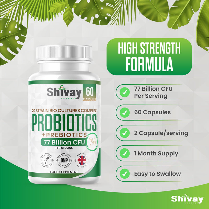 Probiotics & Prebiotic Bio Cultures Complex | 77 Billion CFU | 60 Vegan Capsules - 1 Month Supply | 20 Multi-Strain Gut-Friendly Live Bacteria Supplement | UK Made - Shivay Herbals