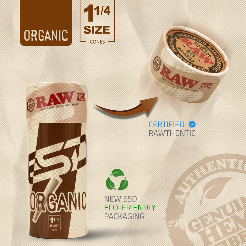 [Australia] - RAW Cones Organic 1-1/4 Size | 100 Pack | Pre Rolled Rolling Paper with Tips & Packing Tubes Included 