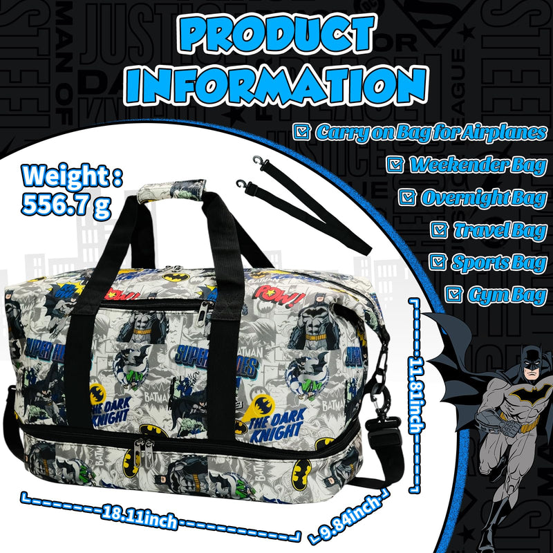 Batman Duffle Bag, Classic Comic Superhero Travel Bag Gifts for Boys Men | Large Capacity ,Lightweight,Waterproof ,with Shoe Compartment and Wet/Dry Pocket BatM