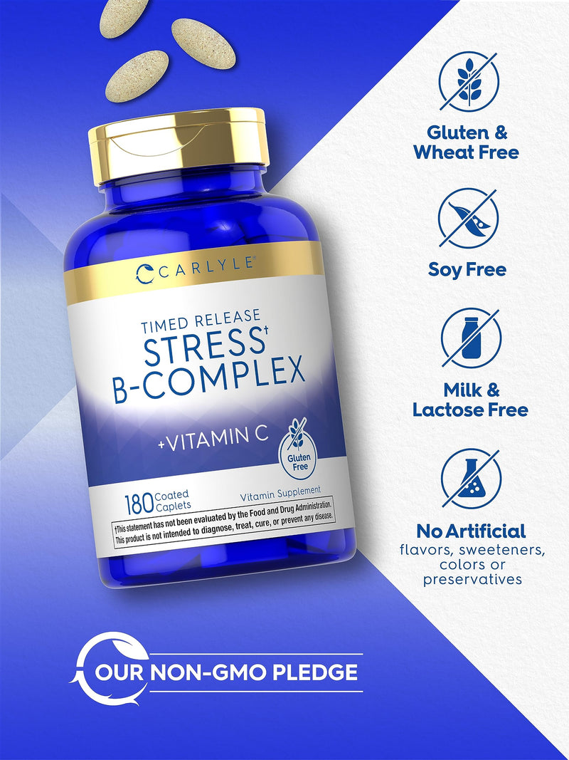 Carlyle Stress B Complex with Vitamin C | 180 Caplets | With B6, B12, Folate, Biotin | Vegetarian, Non-GMO & Gluten Free Supplement