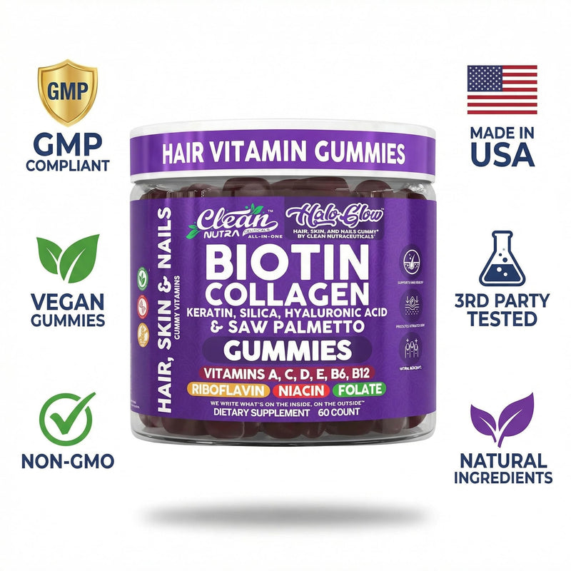 Clean Nutra Biotin Gummies | Collagen, Hyaluronic Acid, Keratin Hair Vitamins Supplement - Hair Growth Support, Skin & Nails - Vitamins C, D, E, B6 & B12 - US Made for Women & Men | 60 Gummy Count