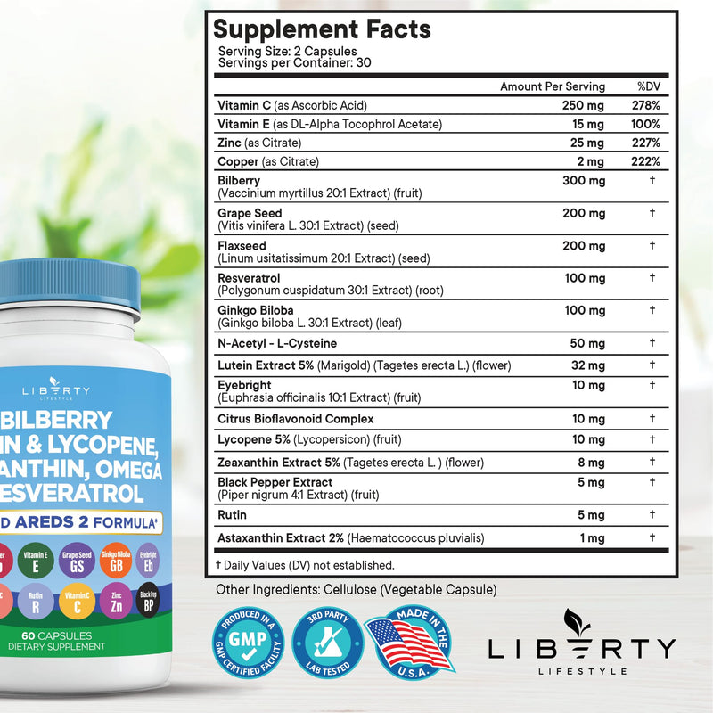Liberty Lifestyle Eye Health Vitamins with Bilberry, Lutein & Zeaxanthin, Lycopene, Resveratrol, Grape Seed Extract, Flaxseed Astaxanthin- AREDS 2-120 Capsules 60 Count (Pack of 2)