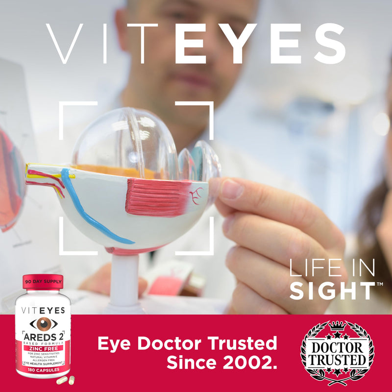 Viteyes AREDS 2 Zinc Free Macular Support, Natural Allergen Free Capsules with Vitamin E, Vitamin C, Lutein & Zeaxanthin, No Zinc, No Copper, Eye Doctor Trusted, Manufactured in the USA, 180 Ct 180 Count (Pack of 1)
