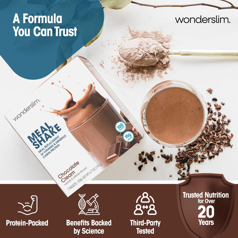 Wonderslim Protein Meal Replacement Shake Powder – 7ct (Chocolate Cream) | 15g Protein, 24 Vitamins & Minerals, Low Carb, Low Calorie, Gluten Free – Meal Replacement Drinks for Weight Management Chocolate Cream