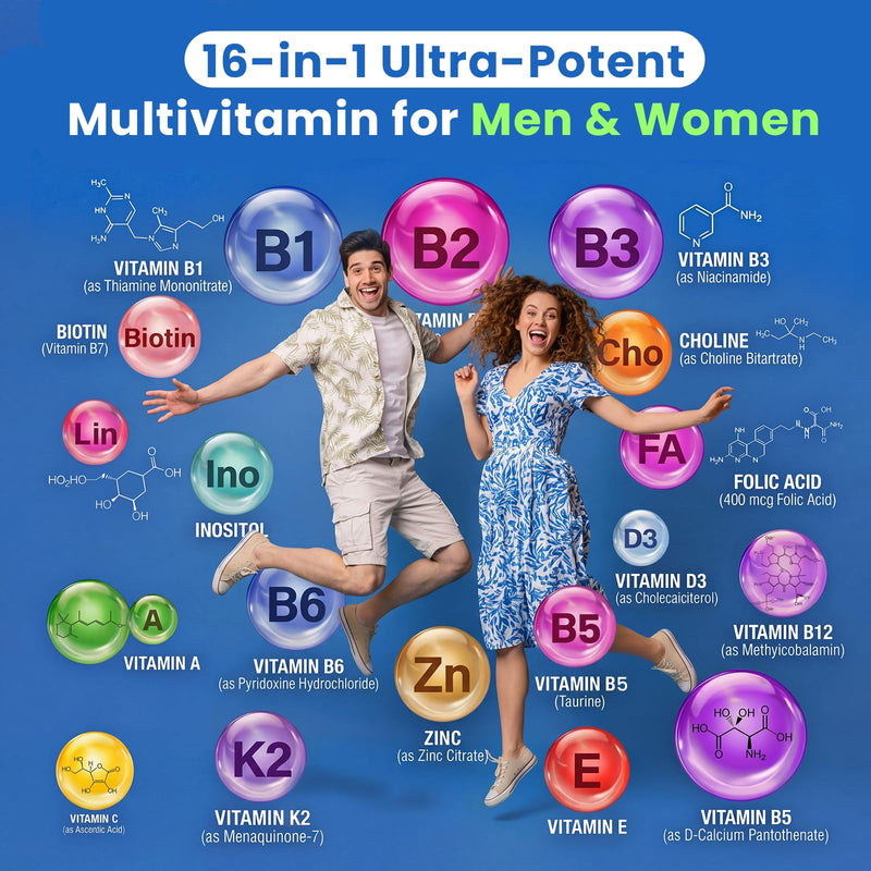 16-in-1 Vitamin B Complex Multivitamin, Methylated B12, 120 Vegan Capsules | With vitamin D3, K2, iron, zinc, choline and inositol for balanced daily nutrition and active lifestyle support