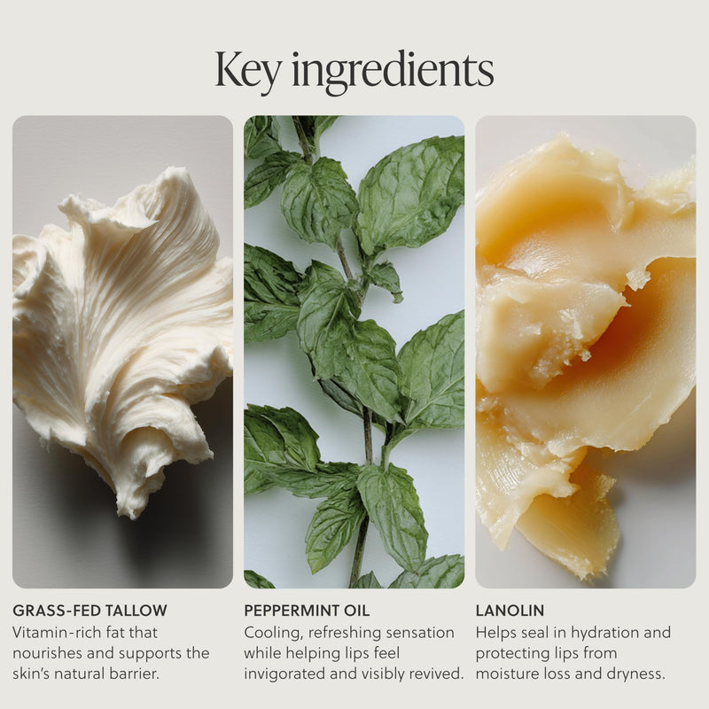Grass-Fed Tallow Lip Balm, Peppermint, Moisturizing | Natural moisturizing lip balm w/ grass-fed tallow & vitamins A, D, E & K. Helps hydrate lips w/ a refreshing peppermint scent