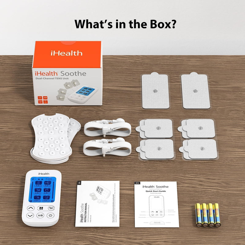 iHealth Dual-Channel TENS Unit Stimulator with 24 Modes & 90-Hour Battery | 15 Intensity Levels, 10 Multi-Size Pads, Adjustable Timer, and Eligibility for Relief at Home or On the Go