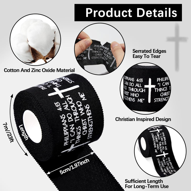 5Pcs Christian Athletic Tapes 2in x 23ft Black Cotton Zinc Oxide Sport Tape Faith Cross Sports Wristbands Religious Bible Verse Wrist Tape for Football Baseball Gymnastic Boxing First Aid Injury Wrap 5