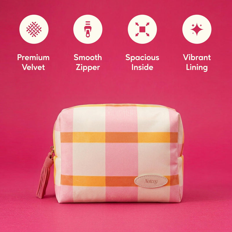 Velvet Makeup Bag with 2 Inner Pockets, Zipper Cosmetic Pouch and Travel Organizer for Makeup, Toiletries, Accessories, and Jewelry - Pink Checkered Pink Picnic Large Pouch