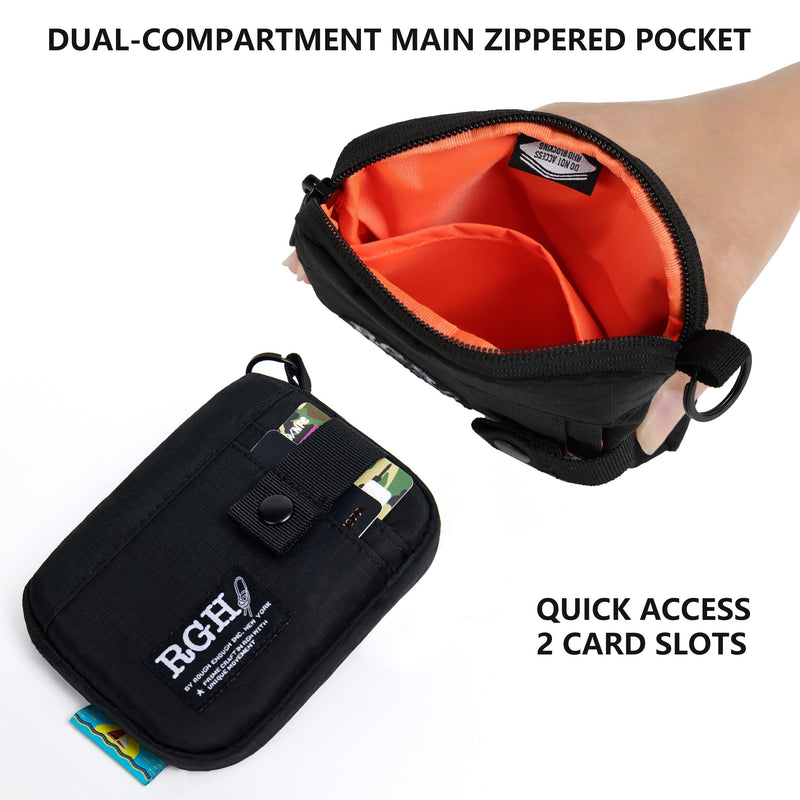 Rough Enough Travel Neck Wallet Pouch, RFID, Water-Resistant, Black | Lightweight, YKK zipper, Bright Nylon Interior, 5 x 4 x 0.7 in, Multiple Card & Coin Pocket, Lanyard & Carabiner & Keychain