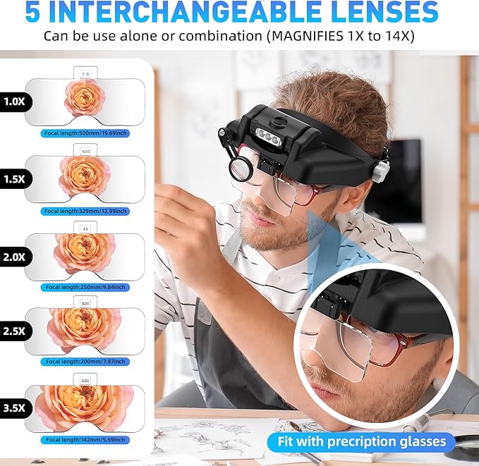 Beileshi Head Mounted Magnifier,1x-6x,8X Head Magnifying Glass with LED Light with Cold and Warm Light Source, Professional Jeweler's Loupe Light