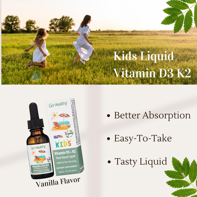[Australia] - Go Healthy Kids Vitamins D3 K2 (MK-7), Child Vitamin D, Liquid Vegan D3 K2 Drops for Kids, Sugar-Free, Easy-to-Absorb, Children's Growth & Immune Support, Vanilla Flavor - 30 Servings 