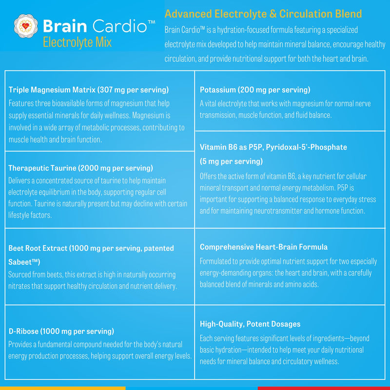 Brain Bean Brain Cardio Electrolyte Mix - Mandarin/Orange Flavors - Heart & Brain Support with Magnesium, Taurine, Potassium, D-Ribose, Beet Root & Vitamin C - 30 Serving