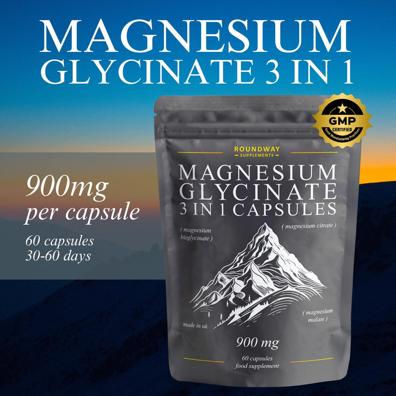 Magnesium Glycinate 3-in-1 Complex 1800mg Supplement with Magnesium Bisglycinate, Citrate & Malate | 60 Capsules, 3 Month Supply | Made in The UK by Roundway Supplements