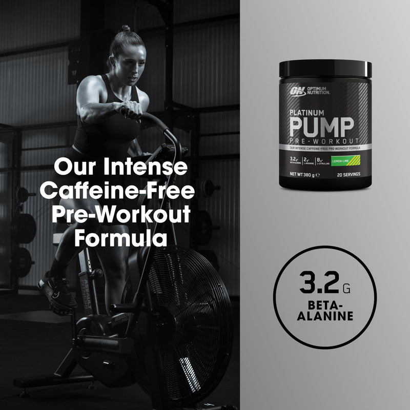 Optimum Nutrition ON Platinum Pump Pre-Workout, Intense Caffeine-Free Pre-Workout Food Supplement with Fruitflow, Beta-Alanine, L-Arginine, L-Citrulline, Lemon Lime Flavour, 20 Servings, 380 g