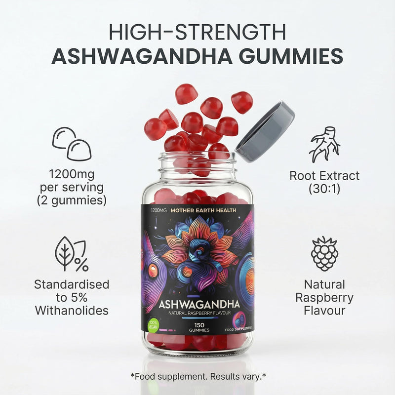 Ashwagandha Gummies 1200mg – 150 Gummies – 2.5 Months Supply - 5% Withanolides – Natural Raspberry Flavour – High Strength - Stress Relief & Mood Support – Vegan, Non-GMO, Gluten Free