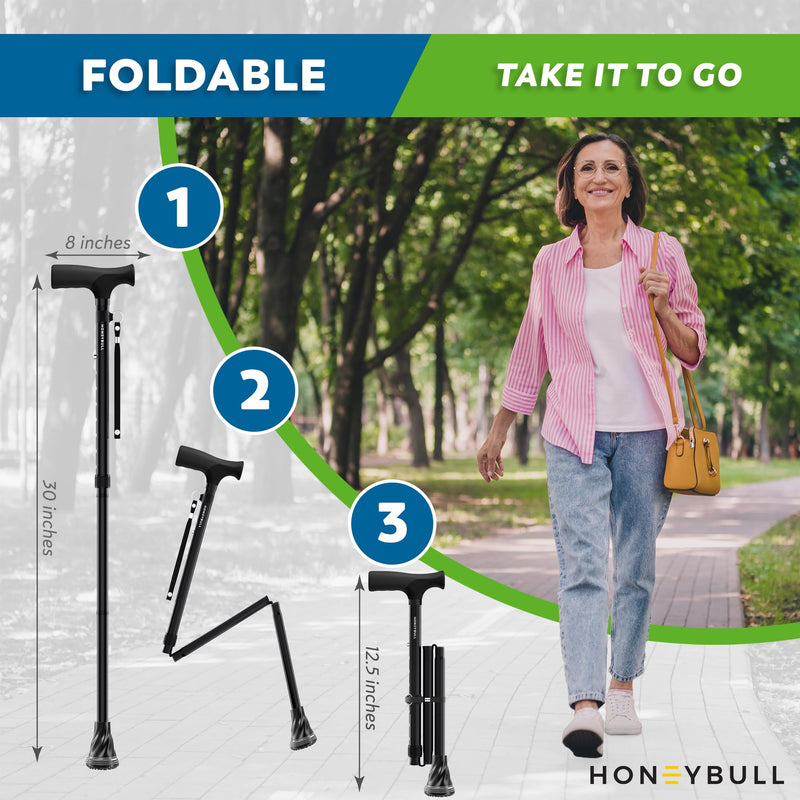 [Australia] - HoneyBull Walking Cane | Single Tip Canes for Men & Women, Foldable, Adjustable, Heavy Duty Up to 250 Pounds, with Travel Bag, Walking Canes for Seniors Premium Tip Black 