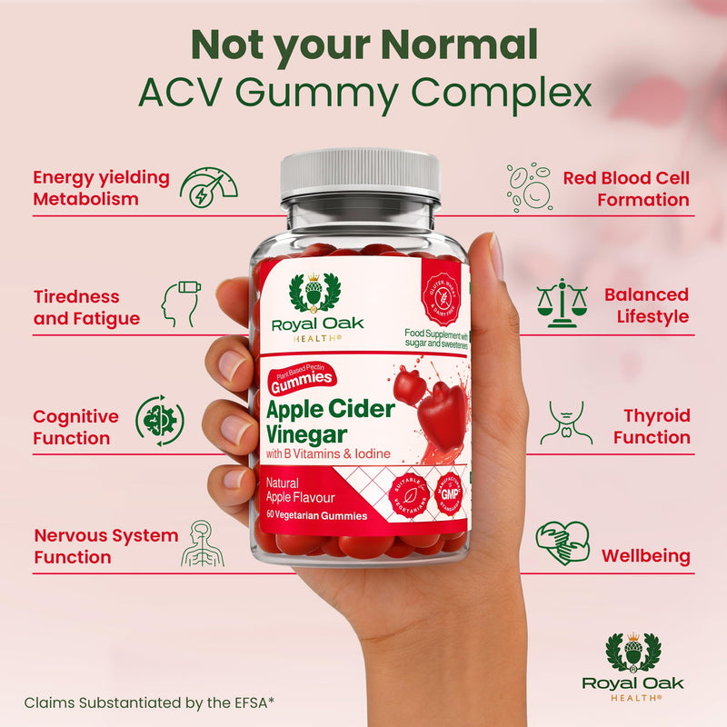 Apple Cider Vinegar 1,000mg ACV Gummies with Vitamin B6, B12, Folic Acid & Iodine | Energy & Metabolism Support | UK Made by Royal Oak Health Apple Cider Gummies