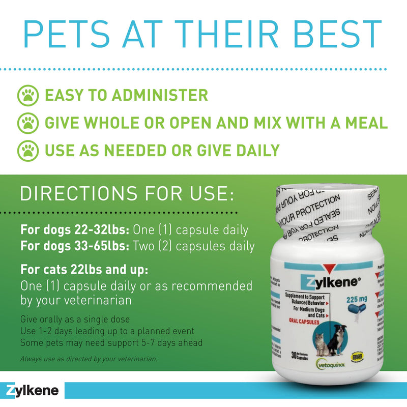Vetoquinol Zylkene Calming Support Supplement for Medium Dogs 33-65lbs Helps Promote Relaxation and Reduce External Stress Factors, Daily Behavioral Support and Anxiety Relief for Dogs, 225mg 30 Capsules - PawsPlanet Australia