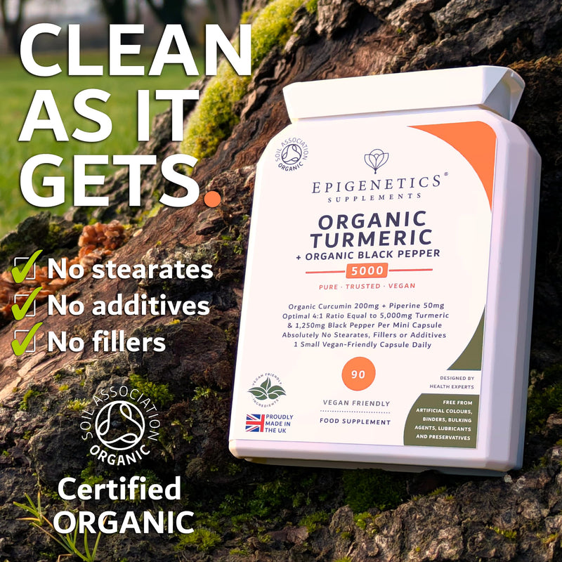 Organic Turmeric 5000mg + Organic Black Pepper 1250mg Per 1 Mini Capsule | Optimal Absorption 4:1 Ratio 95% Extract | UK Made Vegan 90 Servings (3 Months)
