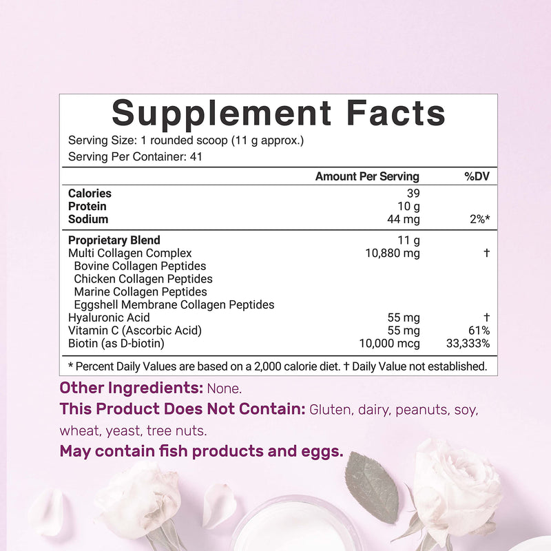 Multi Collagen Protein Powder,1Lb - Type I, II, III, V, X Collagen Peptides with Biotin 10000mcg, Vitamin C & Hyaluronic Acid - Unflavored - Keto & Paleo Friendly, Great for Hair, Skin, Nails & Joints