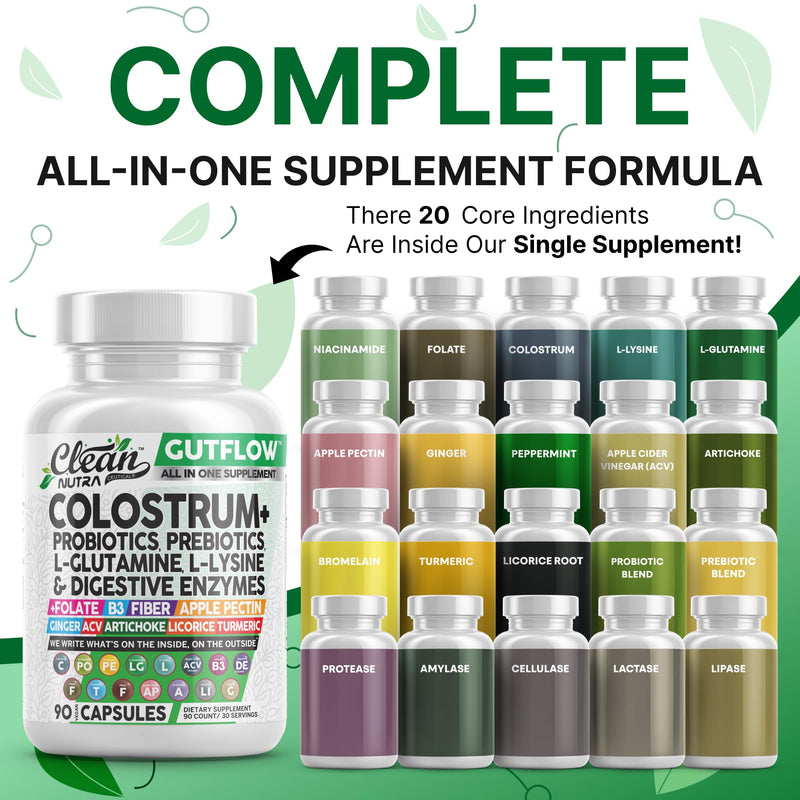 [Australia] - Clean Nutraceuticals Colostrum Supplement Capsules Probiotics Pills Prebiotics, L-Glutamine, Digestive Enzymes, Folate, Fiber, ACV, Turmeric, Apple Pectin and Turmeric Pills 