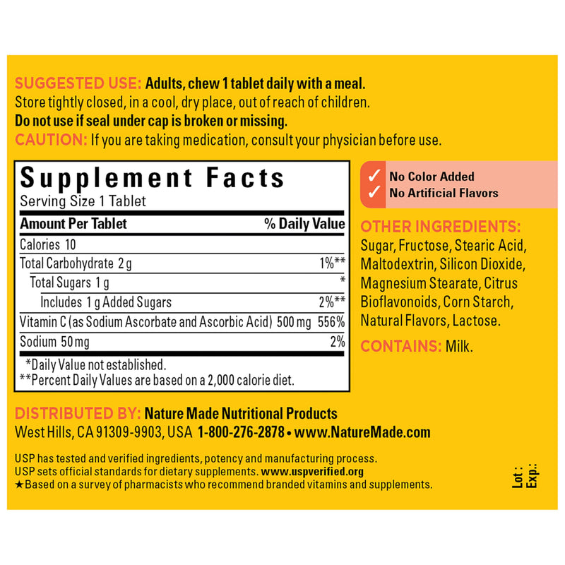 Nature Made Chewable Vitamin C 500 mg for Immune Support, 60 Tablets | Dietary Vitamin C Supplement for Immune Support and Antioxidant Support, Orange Flavored Chewable Tablets, 60 Day Supply 60 Count (Pack of 1)