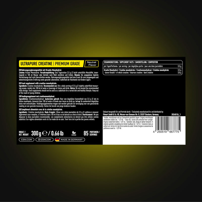 [Australia] - ESN Ultrapure Creatine Monohydrate, 300 g, 85 portions, creatine powder, microfine & optimally soluble, vegan - made in Germany (design may vary) 85 portions (pack of 1) 