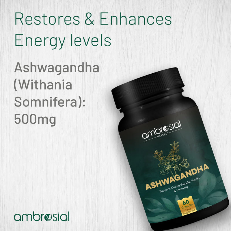 Ashwagandha 500mg 120 Tablets | Herbal Supplement | 100% Natural & Vegan | High Strength | Immunity Support | By Ambrosial 60 count (Pack of 2)