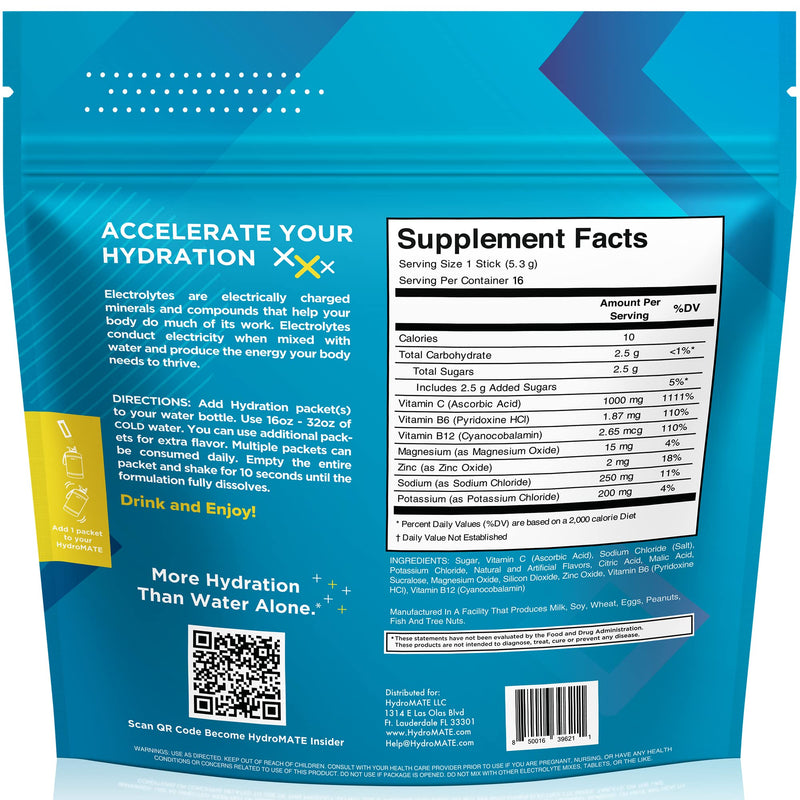 HydroMATE Electrolyte Powder Lemon Lime Hydration Packets Low Sugar 16 Count 16 Count (Pack of 1)