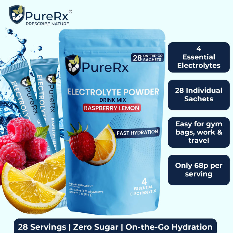 Electrolyte Powder Sachets | 28 Sachets | Raspberry & Lemon | Electrolytes with Sodium, Potassium, Magnesium & Calcium | Daily Hydration Support