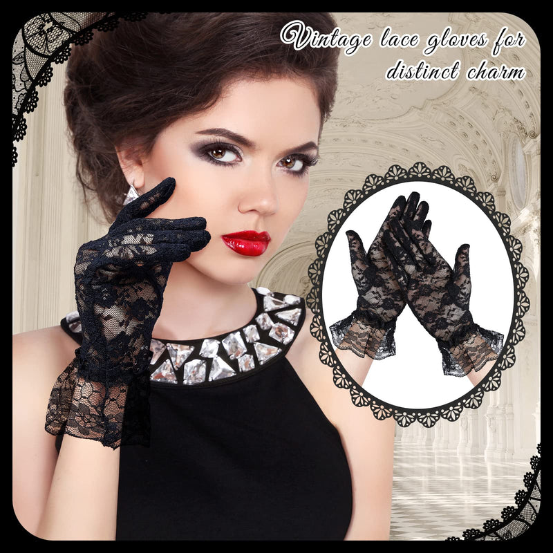 Lace Parasol Umbrella and Lace Gloves Set Wedding Bridal Umbrella for Decoration Tea Party Costume 31.5 Inch Adult Size Black