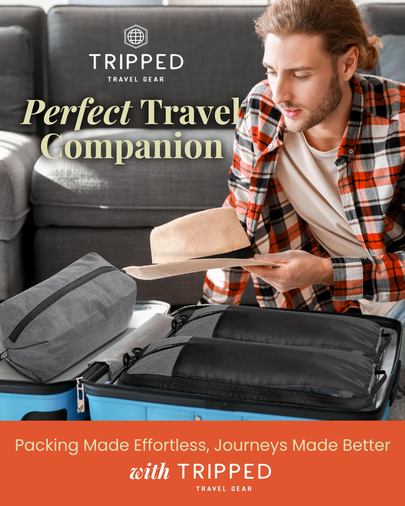 TRIPPED Travel Gear Space Saving Compression Packing Cubes 6-Piece Set | Premium Travel Organizers with Laundry and Shoe Bags for Suitcase and Carry-On Luggage, Reinforced Zippers and Mesh Panels Grey Mesh - 6 Piece