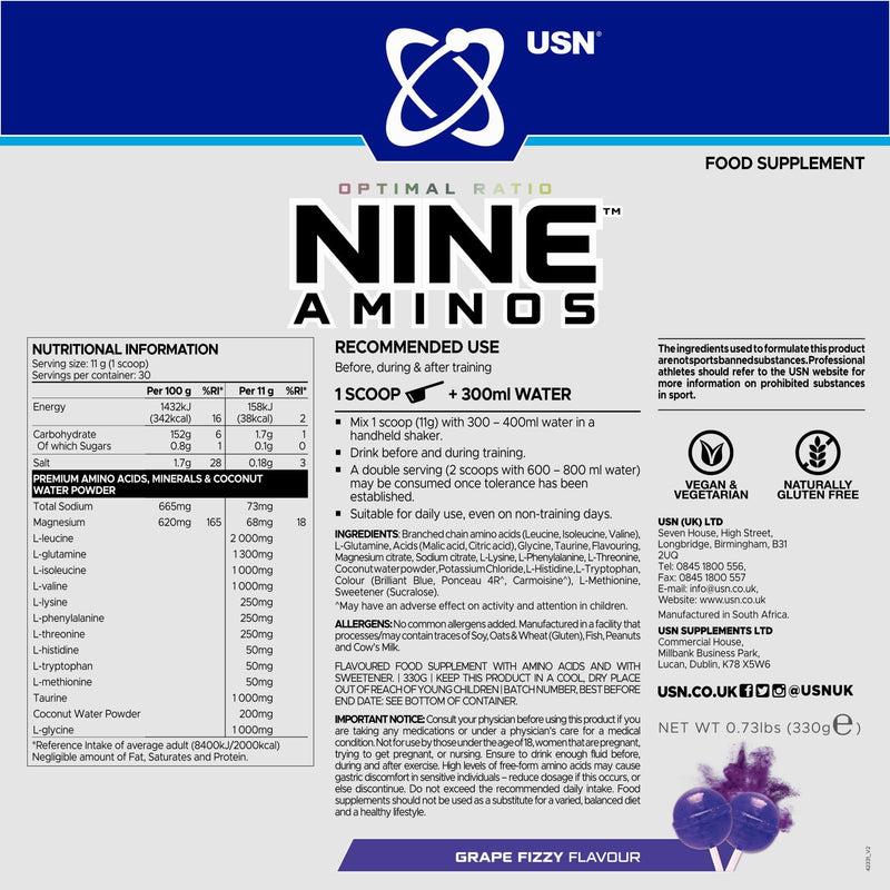 USN Nine Aminos – BCAA Amino Acids & EAA Essential Amino Acids Powder with Added Magnesium & Coconut Water Powder to Support Recovery and Hydration. Grape Fizzy Pop Flavour (330g – 30 Servings)