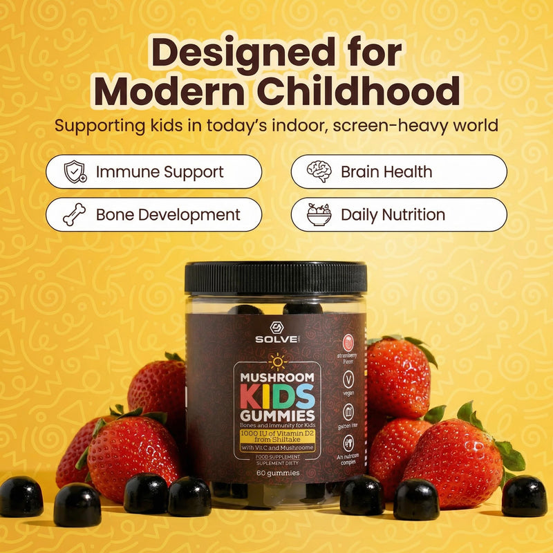 Mushroom Kids Gummies with Vitamin D2 & C | Sugar-Free, Vegan Daily Nutrition for Bones, Immunity & Focus | Lion’s Mane, Reishi, Chaga & Shiitake | Ages 3+ | 60 Gummies | Solve Labs