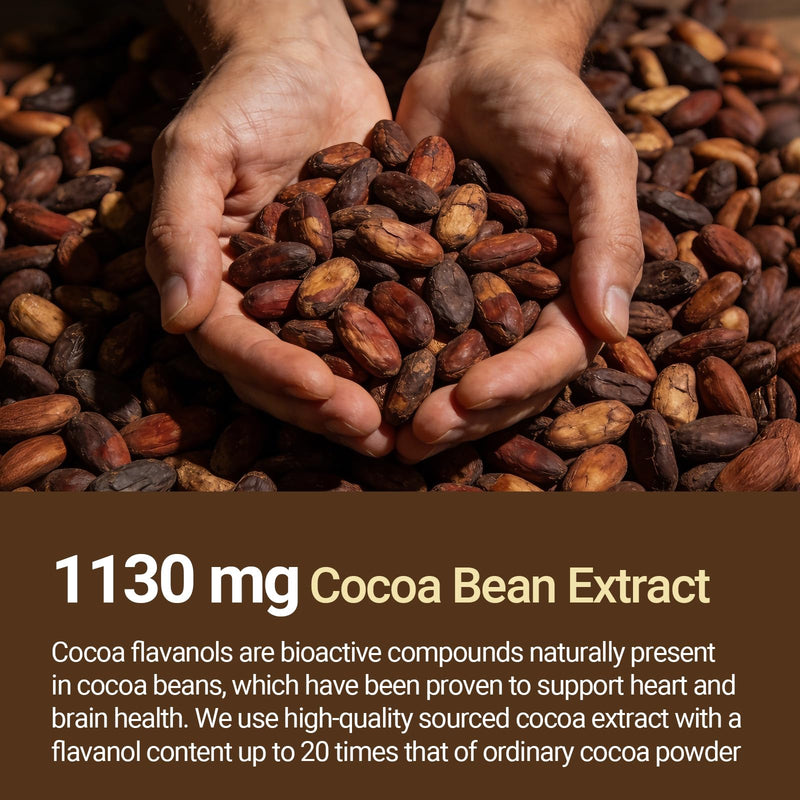 High Flavanol Cocoa Powder, Cocoa Cardio Health Supplement, 500mg Cocoa Flavanols, Support Heart Health, Boost Nitric Oxide, Blood Circulation, Energy, Vegan, Dark Chocolate, 60 Capsules