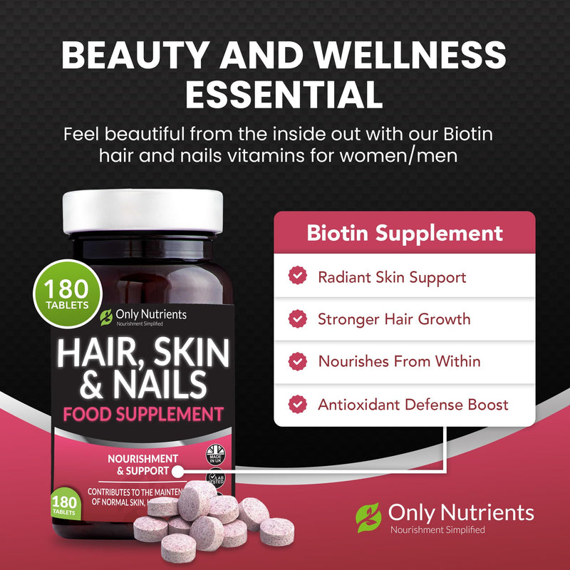 Hair Skin and Nails Vitamins, Beauty Supplements with Biotin & Selenium Plus Vitamin C, A & E, High-Strength Vegan Supplements for Women/Men, 180 Biotin Tablets